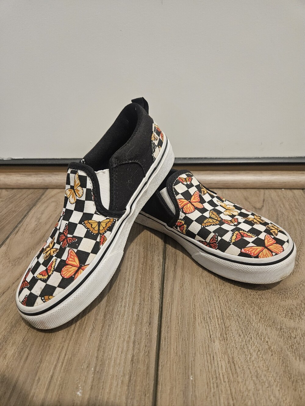Vans Kids Classic Slip-On Butterfly Checkerboard Sneakers Black White Size 13